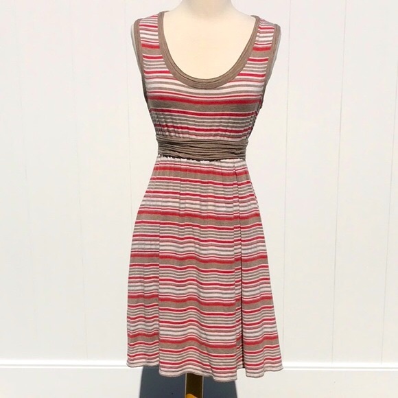 Max Studio Striped Summer Sleeveless Khaki Tan Cream and Coral Dress Size Medium - Picture 2 of 13